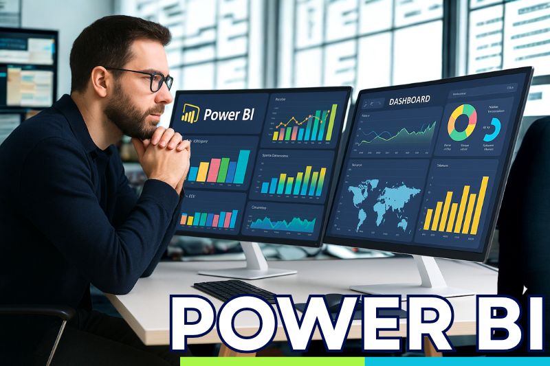 Persona sentada frente a su computador, estudiando Power Bi en un curso online en vivo