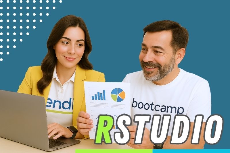 dos ejecutivos trabajando informes en RSTUDIO y estudiando online