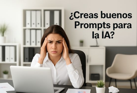 Ejecutiva pensando frente a un computador, necesita aprender en un curso online como hacer mejor promts para l IA