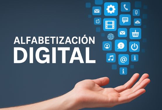 una mano recibiendo iconos azules, de manera online en vivo