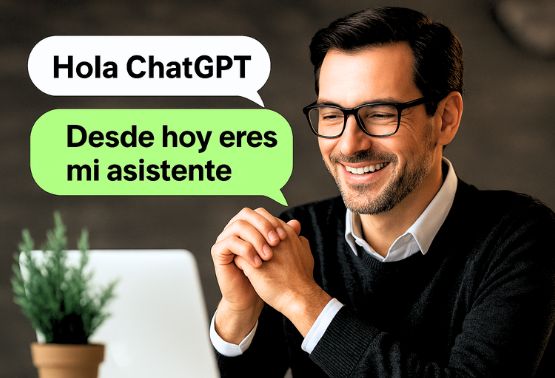 Ejecutivo frente a un cumputador hablandole a ChatGPT, aprendiendo a usarlo en un curso online en vivo