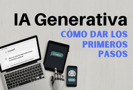 Mano robotica, interactuando con laptop, tablet y teléfono. Buscando curso online sobre IA Generativa