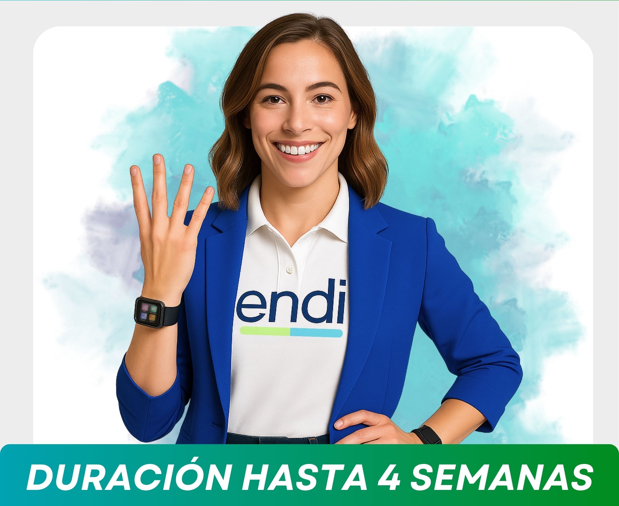 Mujer con polera ENDI indicando la duración de hasta 4 semana de una categoria de cursos online en vivo