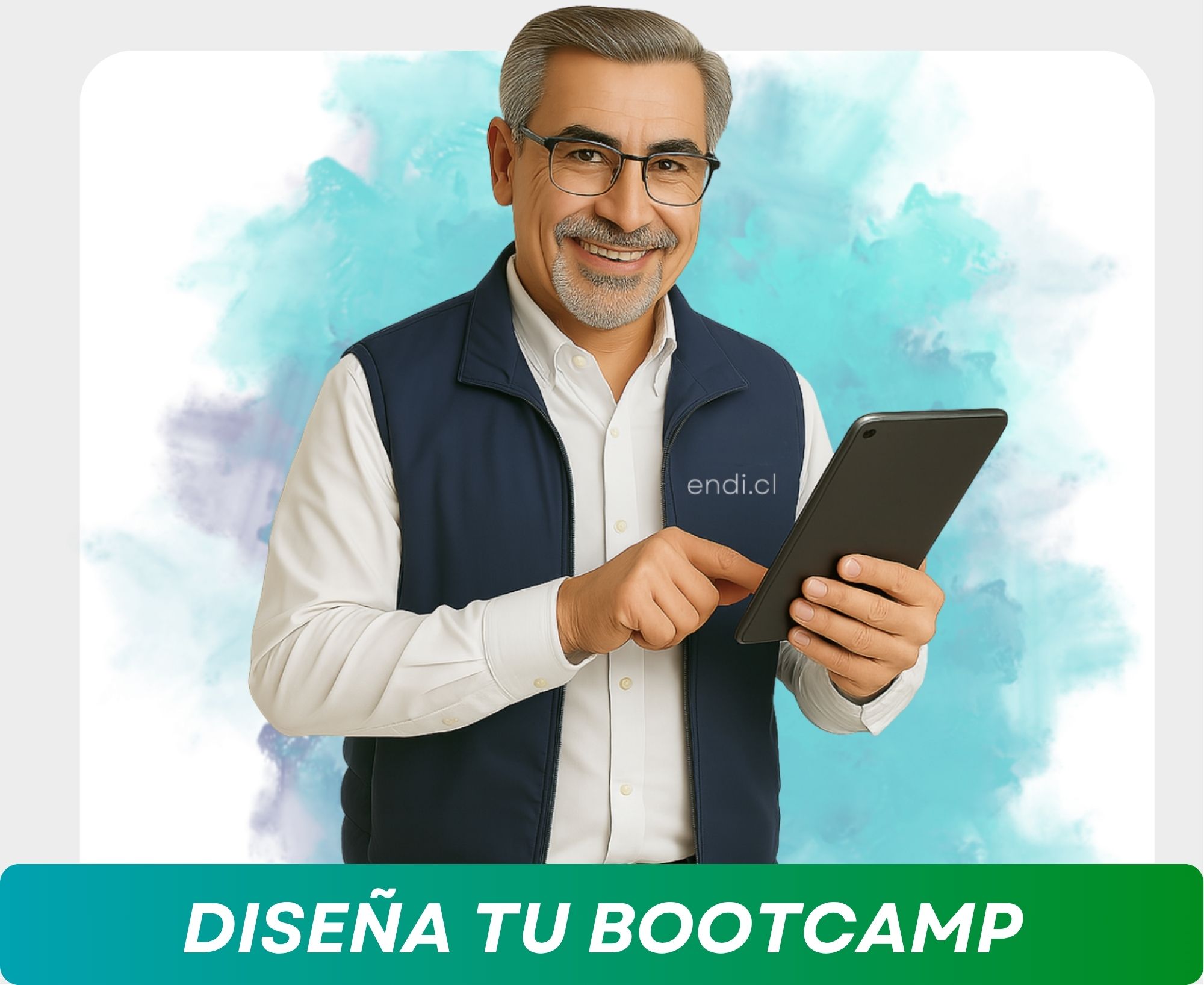 Gerente con una tablet promocionando Cursos online en vivo en Chile