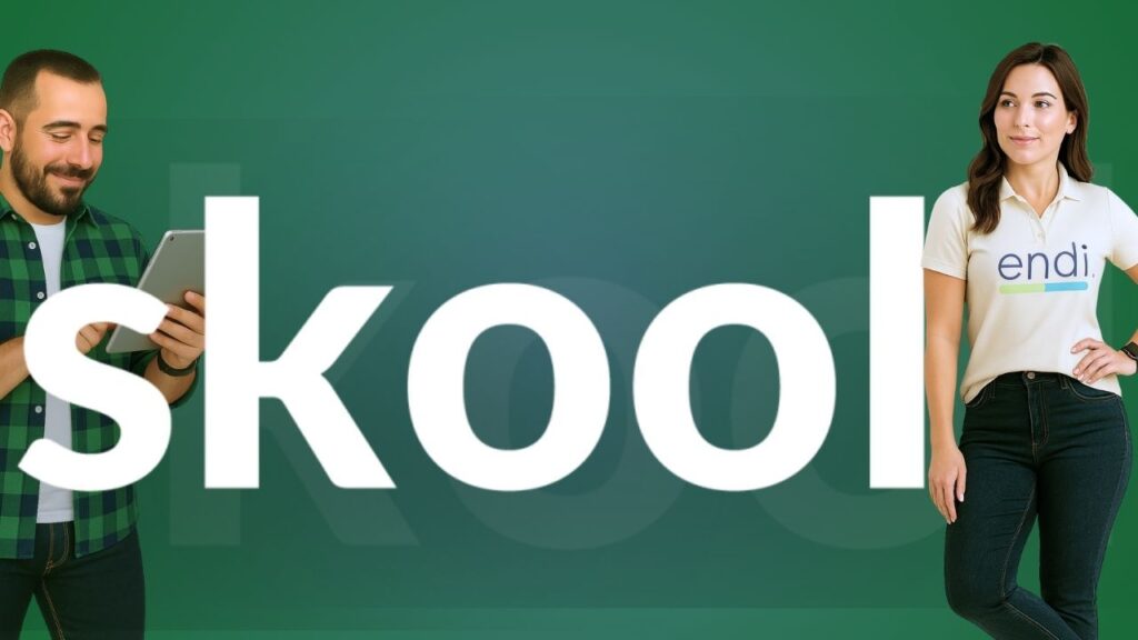 Dos personas mostrando cursos online de endi que ahora tambien estaran en la plataforma SKOOL