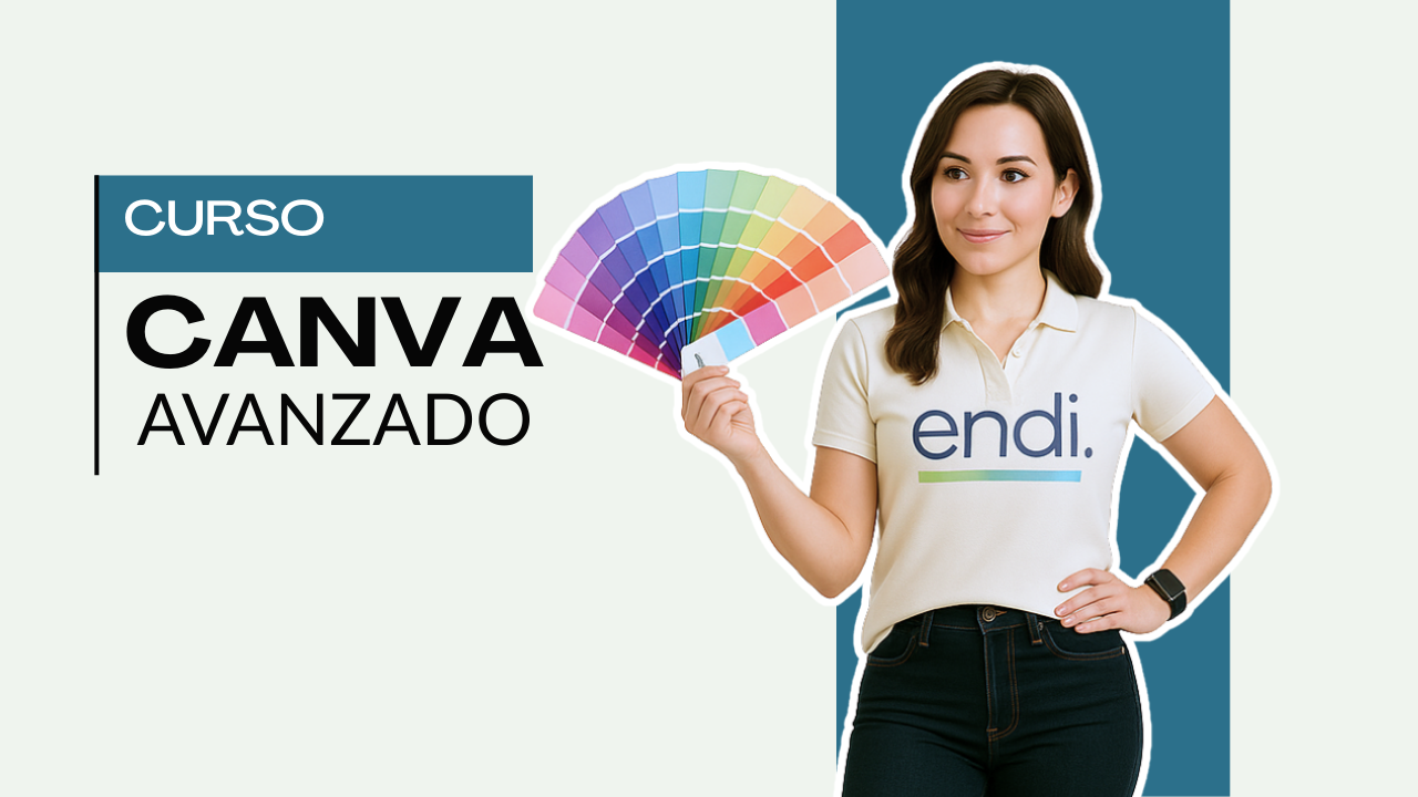 MUJER CON UN ABANICO DE COLORES ANUNCIANDO CURSO DE CANVA AVANZADO ONLINE